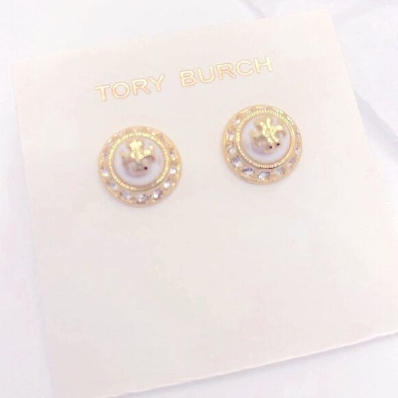 NWOT Tory Burch Gold Logo, Pearl Round Zircon Accent Stud Earrings - Picture 5 of 8